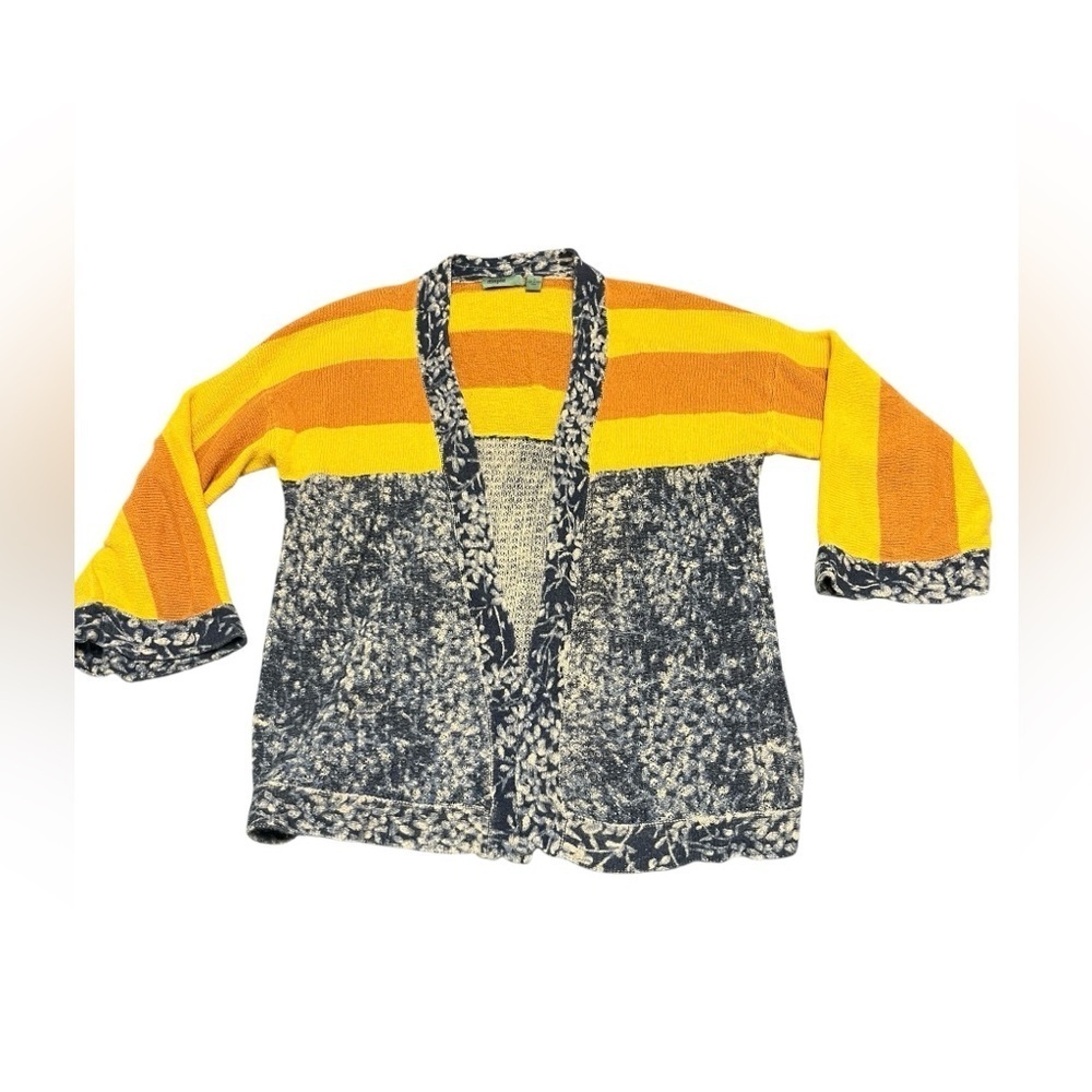 Anthropologie Maple Yellow Blue Stripe Open Front Linen Cardigan Sweater S